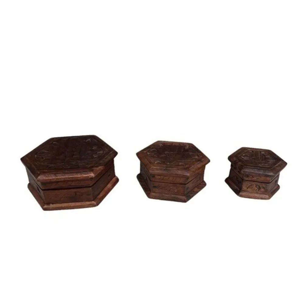 Hexagonal Wooden Trinket Storage Boxes Set with Carved Bird Design on Hinged Lid